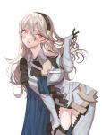  1girl armor black_gloves blush female_my_unit_(fire_emblem_if) fire_emblem fire_emblem_if gloves grey_hair hairband hand_on_own_knee long_hair my_unit_(fire_emblem_if) red_eyes zuizi 