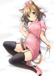  1girl animal_ears bed_sheet between_legs black_legwear black_panties bob_cut brown_hair cat_ears cat_girl cat_tail commentary_request eyebrows_visible_through_hair garter_straps green_eyes hat highres looking_at_viewer lying nurse nurse_cap on_back original panties pantyshot pantyshot_(lying) paw_print shibacha_(shibacha_0728) solo stethoscope tail tail_between_legs thigh-highs underwear 