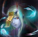  1boy absurdres bandage blonde_hair blood blue_skin eyepatch fang fire highres horns japanese_clothes kimono long_hair male_focus onmyoji open_mouth pointy_ears portrait red_eyes solo tiaotiaogege 