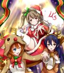  3girls animal_costume antlers bangs bell blue_eyes blue_hair blush christmas commentary_request dress fur_trim grey_hair hair_between_eyes hat highres ken_(kenta1922) kousaka_honoka long_hair looking_at_viewer love_live! love_live!_school_idol_project minami_kotori multiple_girls one_eye_closed one_side_up orange_hair red_dress reindeer_antlers reindeer_costume ribbon sack santa_costume santa_hat smile sonoda_umi thigh-highs white_legwear yellow_eyes 