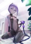  1girl backless_outfit bangs bare_shoulders black_gloves black_hairband black_legwear blush breasts center_opening dark_skin eyebrows_visible_through_hair fate/grand_order fate/prototype fate/prototype:_fragments_of_blue_and_silver fate_(series) fingerless_gloves gloves hair_between_eyes hairband hassan_of_serenity_(fate) highres indoors kachayori knife looking_at_viewer medium_breasts navel on_bed purple_hair short_hair sitting solo throwing_knife violet_eyes wariza weapon 