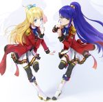  2girls aikatsu! aikatsu_stars! blonde_hair blue_eyes blue_hair boots bow bowtie commentary_request earrings epaulettes eyebrows_visible_through_hair finger_to_mouth frilled_skirt frills hair_bow high_heel_boots high_heels jewelry kisaragi_tsubasa long_hair looking_at_viewer multicolored_hair multiple_girls nail_polish pleated_skirt ponytail purple_hair school_uniform shadow shiratori_hime shushing skirt smile standing standing_on_one_leg thigh-highs two-tone_hair uniform yellow_eyes yone 
