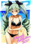  1girl 2017 absurdres anchovy arm_grab bangs beach bikini black_bikini black_ribbon blush breasts closed_mouth commentary_request cowboy_shot curvy dated drill_hair droplet female front-tie_bikini front-tie_top girls_und_panzer green_hair hair_ribbon halftone_texture happy_birthday highres long_hair looking_at_viewer medium_breasts navel red_eyes ribbon shiny shiny_skin solo standing swimsuit thigh_gap twin_drills twintails yoshiyo_(buranku1129) 