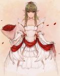  1girl absurdres artist_name bare_shoulders bouquet bride chiki collarbone commentary dress elbow_gloves elf fire_emblem fire_emblem_heroes flower gloves green_eyes green_hair highres long_hair looking_at_viewer mamkute matilda_vin pointy_ears ponytail smile solo wedding_dress white_dress white_gloves 