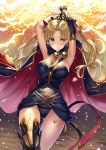  1girl armpits arms_up asymmetrical_legwear black_legwear blonde_hair cape commentary_request earrings ereshkigal_(fate/grand_order) fate/grand_order fate_(series) gluteal_fold heirou highres jewelry long_hair looking_at_viewer red_cape shiny shiny_hair single_thighhigh skull smile solo thigh-highs tiara yellow_eyes 