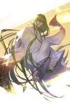 1boy absurdres androgynous blue_pants enkidu_(fate/strange_fake) fate/strange_fake fate_(series) green_eyes green_hair highres hutagi_rouka looking_at_viewer male_focus pants robe solo white_robe 