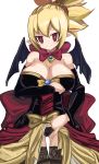  1girl absurdres bare_shoulders black_legwear black_panties blonde_hair blush bow bow_panties breasts cleavage closed_mouth cowboy_shot demon_wings detached_sleeves disgaea dress eyebrows_visible_through_hair furrowed_eyebrows gluteal_fold hair_between_eyes head_tilt highres lace lace-trimmed_thighhighs lace_panties large_breasts lingirie long_sleeves looking_at_viewer makai_senki_disgaea_2 maou_(maoudaisukiya) panties pinky_out pointy_ears red_bow red_eyes rozalin slit_pupils smile solo standing thigh-highs underwear white_background wings 