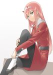  1girl aemu_(august_life) aqua_eyes bangs darling_in_the_franxx hairband horns long_hair looking_at_viewer pantyhose pink_hair shoes sitting smile solo uniform white_hairband zero_two_(darling_in_the_franxx) 