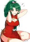  1girl absurdres bare_shoulders blush breasts china_dress chinese_clothes dotentity dress fire_emblem fire_emblem:_rekka_no_ken green_eyes green_hair high_ponytail highres large_breasts long_hair looking_at_viewer lyndis_(fire_emblem) pelvic_curtain ponytail side_slit simple_background smile solo very_long_hair white_background 