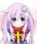  1girl blush d-pad d-pad_hair_ornament gift hair_between_eyes heart-shaped_box holding holding_gift kurozero long_hair looking_at_viewer nepgear neptune_(series) purple_hair red_scarf scarf smile solo upper_body valentine violet_eyes 