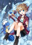  1boy blue_eyes dragon earrings evan_(maplestory) hairband hamericano highres jewelry maplestory mir_(maplestory) short_hair snow snowing tree 