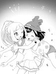  2girls beanie closed_eyes hat highres hug hug_from_behind lillie_(pokemon) long_hair miu_(miuuu_721) mizuki_(pokemon_sm) monochrome multiple_girls one_eye_closed pokemon pokemon_(game) pokemon_sm ponytail shirt short_hair short_sleeves shorts skirt tied_shirt 