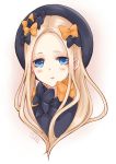  1girl abigail_williams_(fate/grand_order) artist_name bangs black_bow black_dress black_hat blonde_hair blue_eyes blush bow commentary dress fate/grand_order fate_(series) forehead hair_bow hat head_tilt long_hair looking_at_viewer orange_bow parted_bangs parted_lips sagakuroi solo white_background 