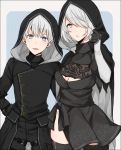  1boy artist_request black_choker black_dress black_hairband blue_eyes choker couple dress feather-trimmed_sleeves hairband hood juliet_sleeves leotard long_sleeves mole mole_under_mouth nier_(series) nier_automata no_blindfold puffy_sleeves short_hair simple_background smile thighhighs_under_boots white_hair white_leotard yorha_no._2_type_b yorha_no._9_type_s 