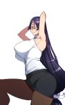  1girl absurdly_long_hair alternate_costume armpits arms_up bangs bare_arms bespectacled black-framed_eyewear black_skirt blush breasts by_spoon closed_mouth collared_shirt eyebrows facing_away fate/grand_order fate_(series) glasses hair_between_eyes highres large_breasts leg_up long_hair looking_at_viewer low-tied_long_hair minamoto_no_raikou_(fate/grand_order) miniskirt pantyhose pencil_skirt shirt simple_background skirt sleeveless sleeveless_shirt smile solo straight_hair tight very_long_hair white_background white_shirt 