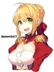  1girl ahoge blonde_hair breasts cleavage epaulettes fate/extra fate_(series) green_eyes highres looking_at_viewer lucysama medium_breasts nero_claudius_(fate) nero_claudius_(fate)_(all) open_mouth short_hair simple_background smile solo upper_body white_background 