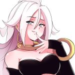  1girl :d ahoge android_21 arm_warmers bandeau bangle bare_shoulders blue_eyes blush bracelet breasts cleavage coolisushi dragon_ball dragon_ball_fighterz ear_piercing eyelashes half-closed_eyes highres jewelry long_hair looking_to_the_side majin_android_21 open_mouth piercing pink_skin smile solo upper_body very_long_hair white_hair 