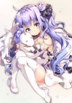  1girl ahoge azur_lane bangs black_bow bow criss-cross_halter detached_sleeves dress eyebrows_visible_through_hair full_body hair_bun halterneck looking_at_viewer object_hug purple_hair riichu side_bun side_ponytail sitting stuffed_animal stuffed_pegasus stuffed_toy stuffed_unicorn thigh-highs unicorn_(azur_lane) violet_eyes white_dress white_footwear white_legwear zettai_ryouiki 