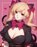  1girl 2018 animal_ears artist_name bangs black_cat_d.va black_dress blonde_hair bow bowtie breasts brown_eyes cat_ears cleavage cleavage_cutout d.va_(overwatch) dress earrings facial_mark fake_animal_ears hair_bow head_tilt heart heart_earrings jewelry large_breasts long_hair looking_at_viewer overwatch parted_lips patreon_logo pink_background pink_bow pink_neckwear puffy_short_sleeves puffy_sleeves shiny shiny_hair short_sleeves solo songjikyo swept_bangs twintails upper_body whisker_markings 