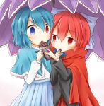  2girls black_shirt blue_eyes blue_hair blue_skirt bow cape capelet chocolate_bar feeding fur-trimmed_capelet hair_bow head_to_head heterochromia highres long_sleeves looking_at_another multiple_girls pleated_skirt puchimirin red_cape red_eyes red_skirt redhead sekibanki shirt short_hair simple_background skirt tatara_kogasa touhou umbrella untucked_shirt white_background white_shirt 