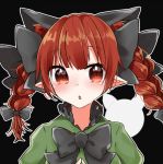  1girl abe_suke animal_ears bangs black_bow black_neckwear bow bowtie braid cat_ears eyebrows_visible_through_hair hair_bow kaenbyou_rin long_hair looking_at_viewer lowres pointy_ears red_eyes redhead solo touhou twin_braids upper_body 