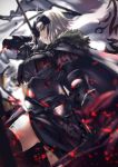  1girl :q armor armored_dress banner black_cape black_dress black_legwear cape dress fate/grand_order fate_(series) fur_trim gauntlets highres holding holding_weapon jeanne_d&#039;arc_(alter)_(fate) jeanne_d&#039;arc_(fate)_(all) looking_at_viewer silver_hair solo thigh-highs tongue tongue_out tsuuhan weapon yellow_eyes 
