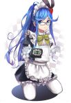  1girl apron black_dress blue-framed_eyewear blue_eyes blue_hair character_name checkered checkered_background destiny_child dress frilled_apron frilled_gloves frills glasses gloves highres kneeling long_hair maid maid_apron maid_headdress puffy_short_sleeves puffy_sleeves short_sleeves sidelocks solo thigh-highs very_long_hair white_apron white_gloves white_legwear yukihama 