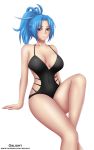  artist_name black_swimsuit blue_eyes blue_hair breasts highres large_breasts leona_heidern light_blush looking_at_viewer medium_hair one-piece_swimsuit oslight patreon_username ponytail simple_background sitting snk swimsuit the_king_of_fighters watermark web_address white_background 