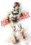  1girl abs absurdres blue_eyes boots boxing_gloves breasts brown_hair character_name cloudy-0w0 commentary copyright_name full_body highres medium_breasts meryl_silverburgh metal_gear_(series) metal_gear_solid midriff navel short_hair shorts sketch solo sports_bra tomboy toned 