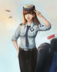  1girl absurdres alternate_costume animal_print belt bird black_pants blue_shirt blue_sky blurry blurry_background breasts brown_eyes brown_hair bunny_print clouds collared_shirt cowboy_shot d.va_(overwatch) day female_service_cap highres jjong long_hair looking_at_viewer mecha meka_(overwatch) necktie no_gloves nose officer_d.va outdoors overwatch pants parted_lips patch pink_lips pocket police police_uniform shirt silhouette sky sleeves_folded_up small_breasts smile solo striped_neckwear uniform v 
