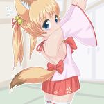  1girl animal_ears bare_back blonde_hair blue_eyes blurry blurry_background bow breasts commentary_request cowboy_shot detached_sleeves door eyebrows floral_print fox_ears from_side hands_up indoors kemomimi_vr_channel looking_at_viewer microskirt mikoko_(kemomimi_vr_channel) neck_ribbon pink_shirt pleated_skirt red_bow red_ribbon red_skirt ribbon shirt sideboob skirt small_breasts solo tatami thigh-highs twintails wall winn zettai_ryouiki 
