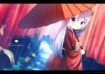  1girl bangs blue_eyes blurry blurry_background blush character_name chinomaron closed_mouth commentary_request copyright_name eyebrows_visible_through_hair gochuumon_wa_usagi_desu_ka? hair_between_eyes hair_ornament highres holding holding_umbrella japanese_clothes kafuu_chino kimono letterboxed long_hair long_sleeves looking_at_viewer looking_to_the_side multiple_torii obi outdoors red_kimono red_umbrella sash silver_hair smile solo tippy_(gochiusa) torii twitter_username umbrella very_long_hair wide_sleeves x_hair_ornament 