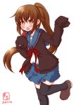  1girl black_legwear black_sweater blue_sailor_collar blue_skirt brown_eyes brown_hair cardigan commentary_request cosplay dated fumizuki_(kantai_collection) genderswap genderswap_(mtf) highres kanon_(kurogane_knights) kantai_collection kita_high_school_uniform kyonko kyonko_(cosplay) loafers logo long_hair long_sleeves look-alike looking_at_viewer neckerchief pleated_skirt ponytail red_neckwear sailor_collar school_uniform serafuku shoes simple_background skirt sleeves_past_fingers solo suzumiya_haruhi_no_yuuutsu sweater thigh-highs white_background 