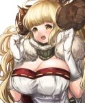  1girl ahoge anila_(granblue_fantasy) blonde_hair blush breasts brown_eyes clenched_hands doraf eyebrows_visible_through_hair fur_trim gloves granblue_fantasy highres horns large_breasts maou_(maoudaisukiya) open_mouth sheep_horns solo thick_eyebrows upper_body white_background white_gloves 