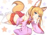  1girl animal_ears bangs bare_shoulders bell blonde_hair blue_eyes blush bow commentary detached_sleeves eyebrows_visible_through_hair fang fox_ears fox_tail hand_on_own_cheek ikomochi jingle_bell kemomimi_vr_channel lying midriff mikoko_(kemomimi_vr_channel) no_shoes on_side open_mouth pink_vest red_bow red_skirt ribbon-trimmed_legwear ribbon_trim skirt solo star starry_background tail thigh-highs twintails vest virtual_youtuber white_legwear wide_sleeves zettai_ryouiki 
