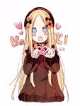  1girl abigail_williams_(fate/grand_order) bangs black_bow black_dress black_hat blonde_hair blue_eyes blush_stickers bow dress eyebrows_visible_through_hair fate/grand_order fate_(series) hair_bow hat heart heart_hands highres long_hair long_sleeves looking_at_viewer open_mouth orange_bow parted_bangs sofra solo translation_request upper_teeth v-shaped_eyebrows very_long_hair 
