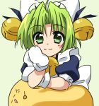  1girl animal_hat apron bell blush_stickers cat_hat chin_rest dejiko di_gi_charat gema gloves green_eyes green_hair hair_bell hair_ornament hat jingle_bell looking_at_viewer maid_apron paw_gloves paws puchiko short_hair smile tatsuko_(tat88) 