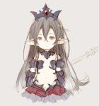  1girl :o armor bangs bare_shoulders brown_background brown_eyes brown_hair commentary_request copyright_request crown detached_collar eyebrows_visible_through_hair hair_between_eyes looking_at_viewer meito_(maze) navel parted_lips pointy_ears revealing_clothes simple_background sketch solo 