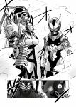  2girls armor breasts comic glowing glowing_eyes greyscale helmet hero-san_to_moto_onna_kanbu-san highres honey_trap_(hero-san_to_moto_onna_kanbu-san) honjou_hayate large_breasts lipstick makeup monochrome multiple_girls rapid_rabbit somechime_(sometime1209) translation_request 