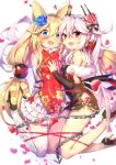  2girls :d animal_ears azur_lane bangs bare_shoulders black_dress black_footwear blonde_hair blue_eyes blue_flower blurry blurry_background blush bound breasts cat_ears chains china_dress chinese_clothes commentary_request crossover depth_of_field detached_sleeves dress eyebrows_visible_through_hair fang fangs fingernails flower fur_collar g41_(girls_frontline) girls_frontline hair_between_eyes hair_flower hair_ornament heart_hair_ornament high_heels highres kugimiya_rie long_hair long_sleeves looking_at_viewer low_twintails low_wings medium_breasts multiple_girls open_mouth petals pink_ribbon red_dress red_eyes ribbon seiyuu_connection shennai_misha short_dress side_slit silver_hair sleeves_past_wrists smile thigh-highs tied_up twintails vampire_(azur_lane) very_long_hair white_background white_legwear white_wings wings 