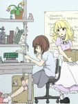  2girls :o apron blonde_hair book box brown_eyes brown_hair chair desk dress english key long_hair maribel_hearn math multiple_girls nemuindaze office_chair paper plant poster_(object) shirt short_hair sitting skirt sweat touhou umbrella usami_renko yellow_eyes 