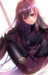  1girl armor bangs bodysuit breasts eyebrows_visible_through_hair fate/grand_order fate_(series) gae_bolg hair_intakes hand_on_own_knee hips knees_up large_breasts long_hair looking_at_viewer open_mouth pauldrons polearm purple_bodysuit purple_hair red_eyes scathach_(fate/grand_order) shoulder_armor simple_background sitting smile solo spear thighs untsue weapon white_background 