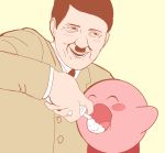  2boys adolf_hitler black_hair blush blush_stickers commentary facial_hair feeding hal_laboratory_inc. highres history hoshi_no_kirby kirby kirby_(series) military military_uniform multiple_boys mustache nazi nintendo real_life simple_background smile uniform what whipped_cream yellow_background 