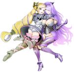  2girls :d armor ass blonde_hair blush boots bow breasts camilla_(fire_emblem_if) cleavage dress earrings elise_(fire_emblem_if) eyebrows_visible_through_hair fire_emblem fire_emblem_heroes fire_emblem_if full_body gloves hair_bow hair_over_one_eye high_heel_boots high_heels highres hug jewelry large_breasts lips long_hair looking_at_viewer multiple_girls open_mouth purple_hair simple_background smile thigh-highs thigh_boots tiara twintails very_long_hair violet_eyes wavy_hair white_background yyillust 