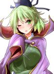  1girl blush cape commentary_request dress eyebrows_visible_through_hair green_dress green_eyes green_hair hat highres looking_at_viewer one_eye_closed open_mouth oshiaki short_hair soga_no_tojiko solo tate_eboshi touhou upper_body white_background 