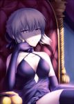  1girl artoria_pendragon_(all) black_dress black_gloves black_legwear breasts chin_rest cleavage collarbone cutout dress elbow_gloves eyebrows_visible_through_hair fal fate/stay_night fate_(series) gloves hair_between_eyes lowres medium_breasts saber_alter short_hair silver_hair sitting sleeveless sleeveless_dress solo thigh-highs 