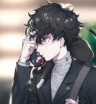  1boy amamiya_ren animal animal_on_shoulder black_hair blue_eyes blurry blurry_background cat closed_mouth formal glasses grey_eyes grey_shirt hand_in_hair long_sleeves looking_at_viewer male_focus morgana_(persona_5) persona persona_5 profile school_uniform shirt shuujin_academy_uniform smile suit upper_body zuizi 