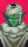  1boy cape close-up commentary_request diadem dragon_ball dragonball_z earrings expressionless face facepaint frown green_skin jewelry looking_at_viewer male_focus piccolo pink_background pointy_ears portrait serious shaded_face simple_background standing turban 