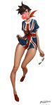  1girl absurdres alexander_terentyev artist_name breasts brown_eyes brown_hair bubble_blowing chewing_gum dress eyewear_removed flag_print flats full_body highres overwatch red_footwear short_dress short_hair solo tracer_(overwatch) union_jack white_background 