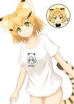  1girl 2girls absurdres animal_ears blonde_hair bow bowtie cat_ears collarbone commentary_request eyebrows_visible_through_hair green_eyes highres jaguar_(kemono_friends) jaguar_ears kemono_friends multiple_girls naked_shirt print_shirt sand_cat_(kemono_friends) shiraha_maru shirt short_hair simple_background smile standing striped_tail t-shirt tail 
